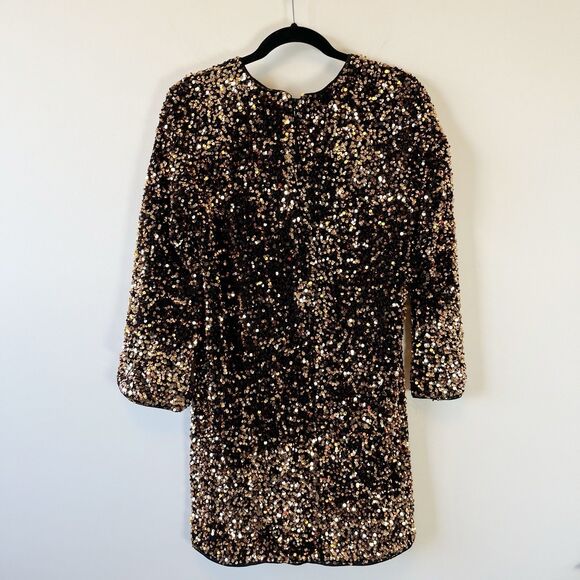 H&M Sequined A Line Mini Dress Gold Brown Party Holiday Glam Women's Size Medium - Picture 5 of 12